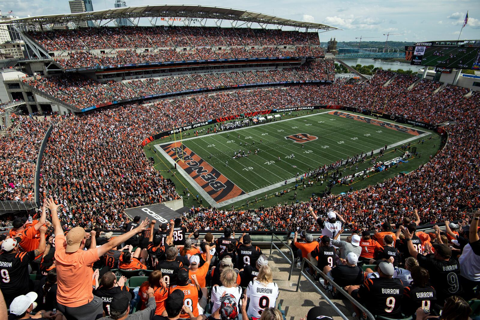 FILE - Fans cheer during an NFL football game between the Cincinnati Bengals and Baltimore Ravens at Paycor Stadium, Sunday, Sept. 17, 2023, in Cincinnati. (AP Photo/Emilee Chinn, File)